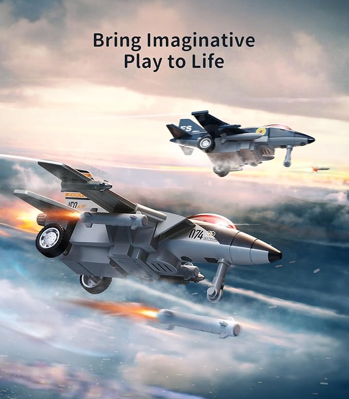 Geyiie Die Cast Airplanes Toys, Army Plane Toys Set for Kids 3-12, Fighter Jet Military Transport Helicopter with Rotated Wings, Airforce Plane Model with Sounds and Lights, 4 Pack