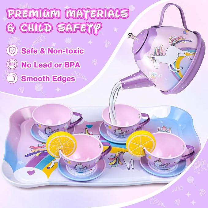 Tea Party Set for Little Girls: 63Pcs Pretend Play Toys, Unicorn Princess Dress Up Tea Time, Tin Tea Sets for Toddlers with Dessert, Carrying Case, Kids Kitchen Playset, Birthday Gift for Toddler Girl