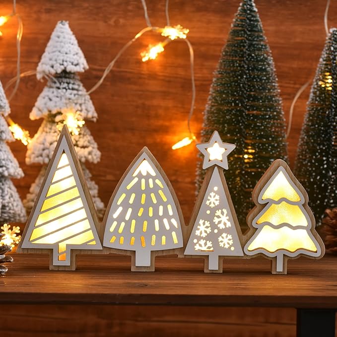 Christmas Tabletop Decorations, Lighted Wooden Christmas Tree Table Decor, Indoor Xmas Tree Block Sign with LED Lights, Farmhouse Winter Holiday Centerpiece for Mantel Shelf (White)