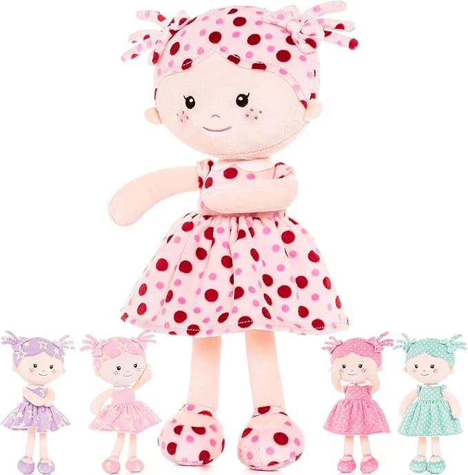 Onetoo First Baby Doll Soft Baby Doll for Girls Plush Rag Doll Sleeping Cuddle Buddy Doll Wear Pink Dress Red Polka Dot 14"