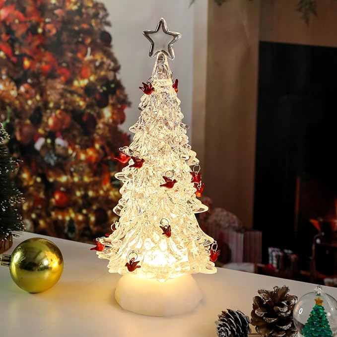Acrylic Christmas Tree Table Decor, Light up LED Cardinal Christmas Tree Snow Globe with Swirling Glitte, Warm Lights Holiday Party Mantel Decorations Gifts for Family & Cardinal Lovers