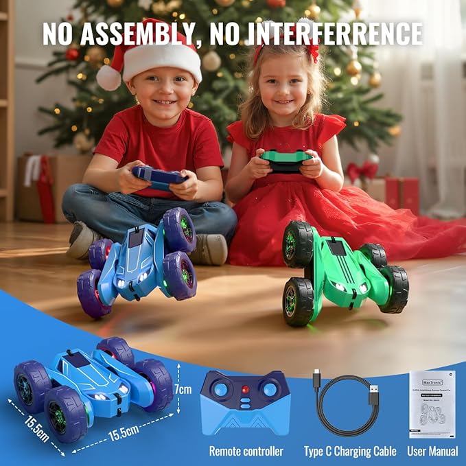 MaxTronic Remote Control Car, Rechargeable RC Cars & Remote Controller - 20km/h Double Sided 360° Rotation Stunt Stunt Crawler with LED Lights for Boys Girls Aged 3-13
