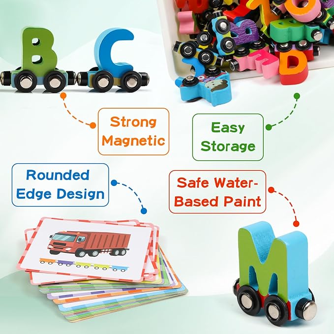 Wondertoys Wooden Alphabet Train Toy 27 PCS Magnetic Alphabet ABC Letter Train Set Includes 42 PCS Flash Cards, 1 Engine and 1 Storage Box for Toddlers Kids Boys and Girls