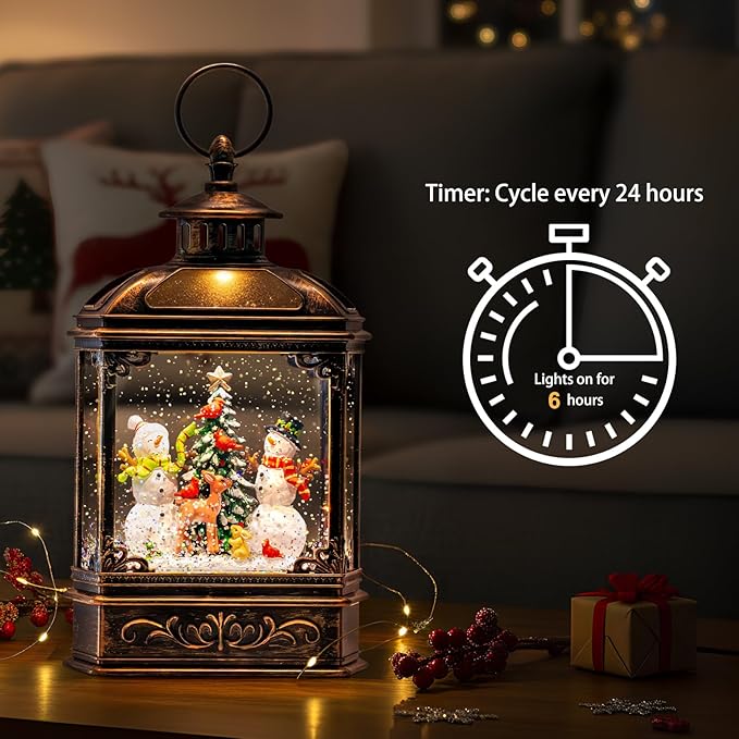 Christmas Snow Globes Lantern Christmas Snow Globe with Music Snowman and Christmas Tree,6H Timer,USB Lined/Battery Operated Lighted Lantern for Christmas Festival Decoration Gifts