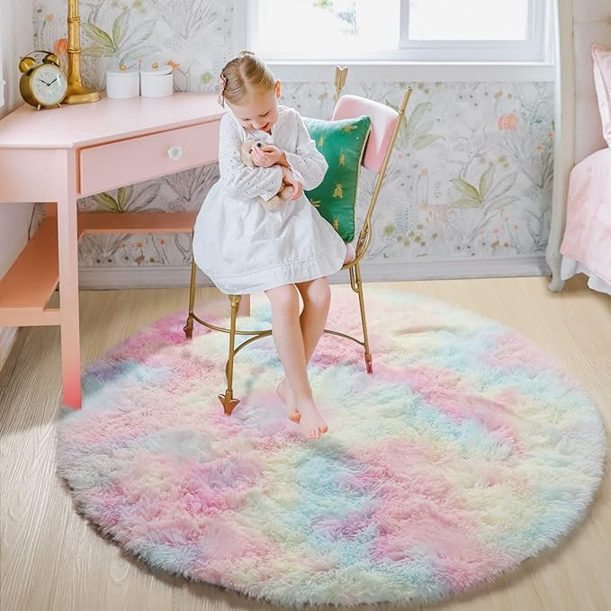 ONASAR Rainbow Round Area Rugs 5ft, Soft Bedroom Circle Rug Mats for Kids Girls Teen Room, Kawaii Fluffy Plush Shaggy Carpet for Dorm Nursery Living Room Playroom Home Decor Princess Castle