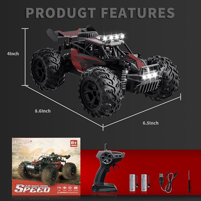 Carox Remote Control Car, 2.4GHz 25KM/H High Speed RC Car, 1:18 Off-Road Monster Truck with LED Lights and 1800mAh Rechargeable Battery – Ideal Gift for Boys 6+