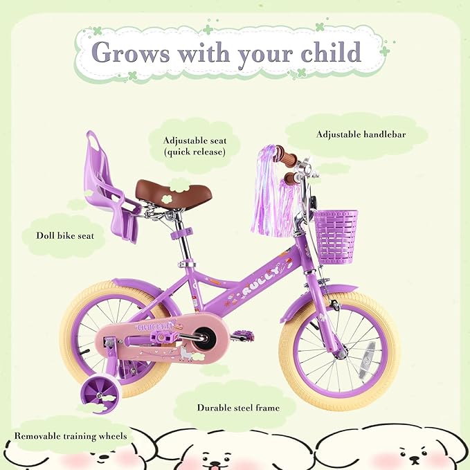 RULLY Kids Bike 12 14 16 inch for 2-7 Years Girls with Training Wheels & Front Handbrake, Kids Bicycle with Basket Bike Streamers Toddler Cycle Bikes