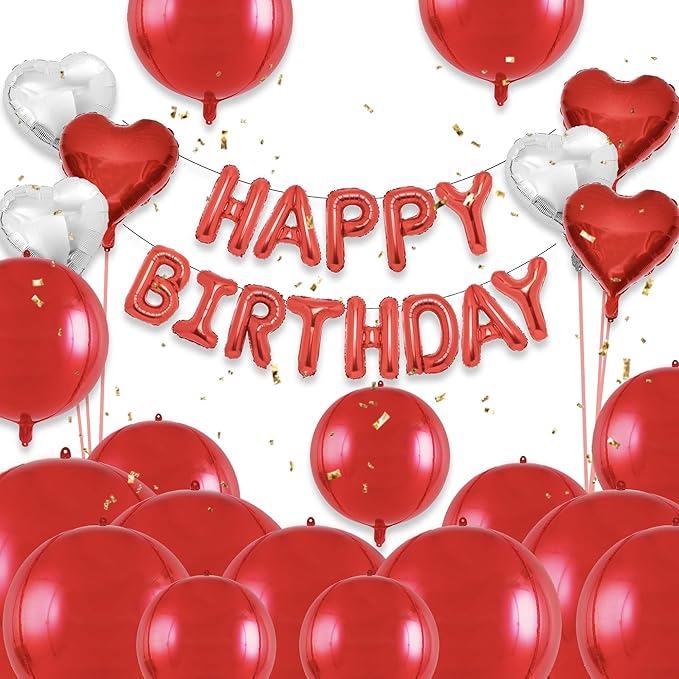 Red Birthday Decorations with 16pcs Large 4D Foil Balloons in Different Size (10-50 Inch) + 6pcs 18" Heart Balloons + 16” Happy Birthday Banner for Indoor Outdoor Party Decorations (Red)