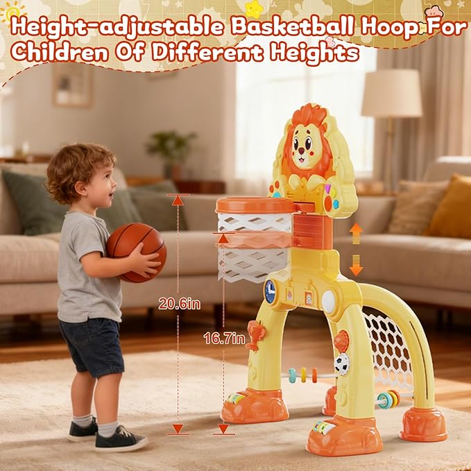 Toddler Basketball Hoop Soccer Goal for Kids 1-3, Baby Toys for 1 Year Old Boy Gifts, Kids Sports Toy with Light Sound Music, Baby Interactive Toys for Christmas Birthday Gifts for Baby(Lion)