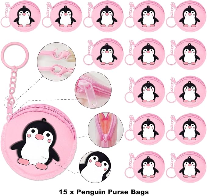 15 Pack Penguin Mini Coin Purses with Keyring for Penguin Winter Themed Party,Goodie Stuffer,Present for Friends,Guest Return Gift, Baby Shower,Birthday Party,Pink