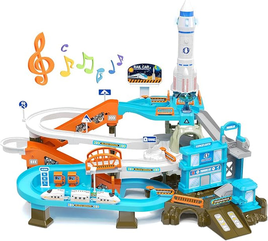 53PCS Space High-Speed Rail Adventure Track Set-Electric Elevator, Rotating Slide, 3 Mini Police Cars & Train, Lights & Music, Interactive Adventure Playset Fun for Kids 3+, Ideal Gift