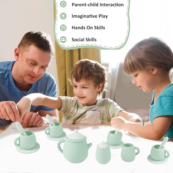 MCGMITT Silicone Tea Set, Tea Party Set for Little Girls Boys, 15 Pcs BPA Free Dishwasher Safe Pretend Tea Set for Toddlers Kids Age 3-6, Cute Toy Kitchen Accessories for Children Birthday Gifts