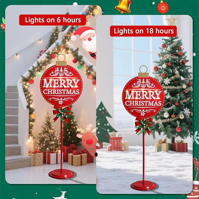 Merry Christmas Sign with LED Light Battery Operated with Timer Christmas Signs with Base Xmas Holiday Decorations Patio Lawn Yard Outdoor Display Decor Round