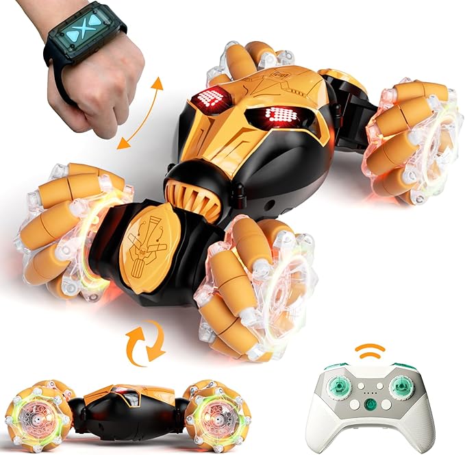 Gesture Sensing RC Car Hand Controlled Remote Control LED Car Toys for Kids 8-12 Years Old, 2.4GHz 4WD Double Sided 360° Flips Off Road Vehicle Toys w/Lights&Music, Boys Grils Brithday Gift