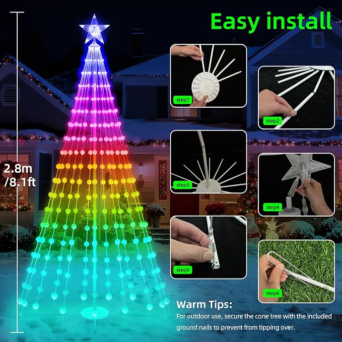 9FT Smart Christmas Cone Tree, Prelit Color Changing Outdoor Christmas Tree Light with Remote Music Timer for Yard Decorations