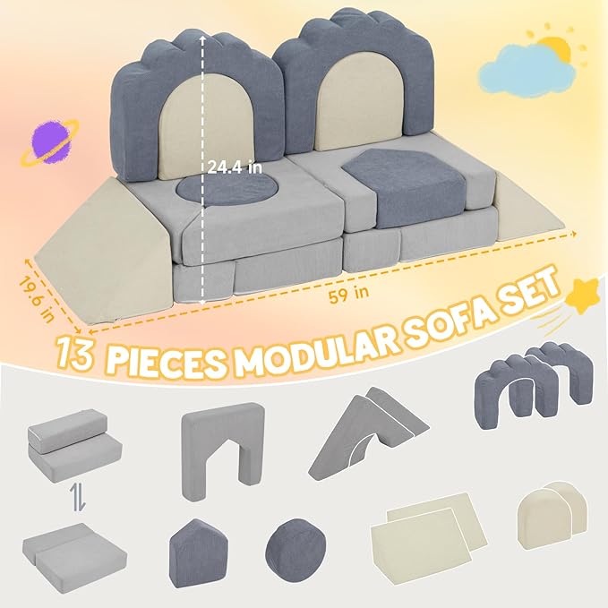 13 Pieces Foam Climbing Blocks for Toddlers 1-3|Kids Floral Soft Play Climbing for Indoor,Infant Modular Crawing Toys with Washable Cover for Playroom,Bedroom,Nursery and Preschool,Gray & Beige