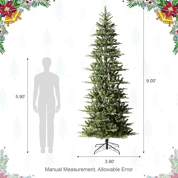 Glitzhome 9ft Prelit Christmas Tree, Cascade Evergreen Slim Fir Artificial Christmas Tree with 500 Strawberry Lights,1468 PE&PVC Branch Tips, 9 Functional Warm White/Multi-Color, Remote Controller