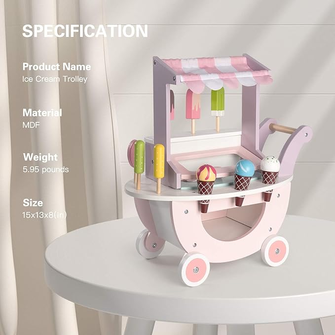 ROBUD Wooden Ice Cream Cart Toys for Kids, Toddlers Pretend Play Food Truck, Gift for Girls and Boys 3 Years & Up, Pink