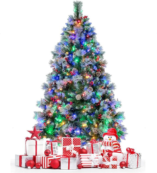 GOFLAME 6FT Pre-Lit Christmas Tree with Pine Needles, Hinged Artificial Xmas Tree with 747 Branch Tips, 350 LED Lights, 55 Pine Cones & 55 Red Berries, Holiday Decoration Tree with 11 Lighting Modes