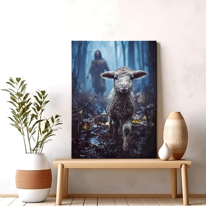 AbcCustomize Jesus Running After Lost Lamb Christian Wall Decor, Religious Wall Decor for Home, Jesus Wall Art Canvas Prints Ready to Hang, Inspirational Christian Art for Prayer Room, Baptism Gift