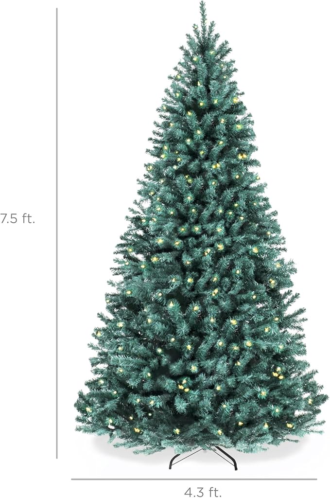 Best Choice Products 7.5ft Pre-Lit Blue Spruce Christmas Tree, Artificial Full Hinged Decor, Holiday Decoration w/ 420 Warm White Incandescent Lights, 1,384 Tips, Foldable Metal Base