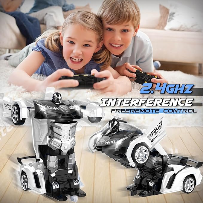 Transform Remote Control Car - Rc Cars, One-Button Transforming, 360° Rotation Drifting, 2.4ghz 1:18 Scale, Gift Kids Aged 4-6 Year Old Boys/Girls, Police Car Black