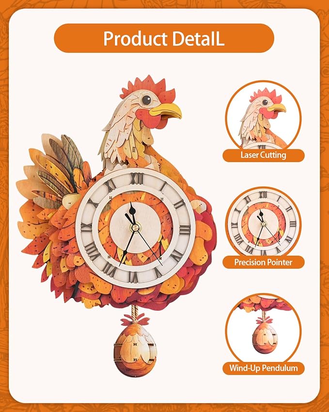 3D Wooden Puzzles for Adults, Hen Wall Clock DIY Set (with Pendulum), Beginner 29 Pcs Wooden Puzzles, Creative Gift Ideas for Adults Teens