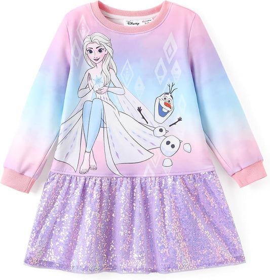 Disney Stitch Minnie Elsa Princess Sweatshirt Dress Toddler Girl Sequin Long Sleeve Pullover Clothes Fall Outfit 2-9 Years
