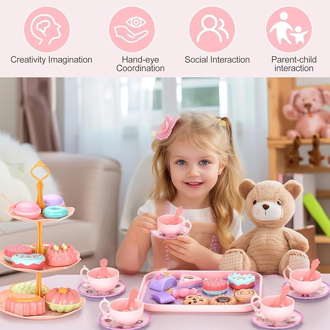 Kids Plastic Tea Party Set for Toddlers & Girls Ages 3-8 – Princess Pretend Play Kitchen Toy with Carrying Case, Teapot, Cups, Saucers, Dessert Toys & Tray | Gift for Little Girls Birthday