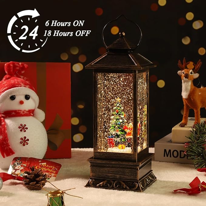 Christmas Snow Globe Lantern Christmas Decorations, Xmas Gifts Christmas Vintage Home Decor Indoor,Christma Lantern Sparkling with Music 6H Timer, Holiday Party Gifts(Christmas Tree)