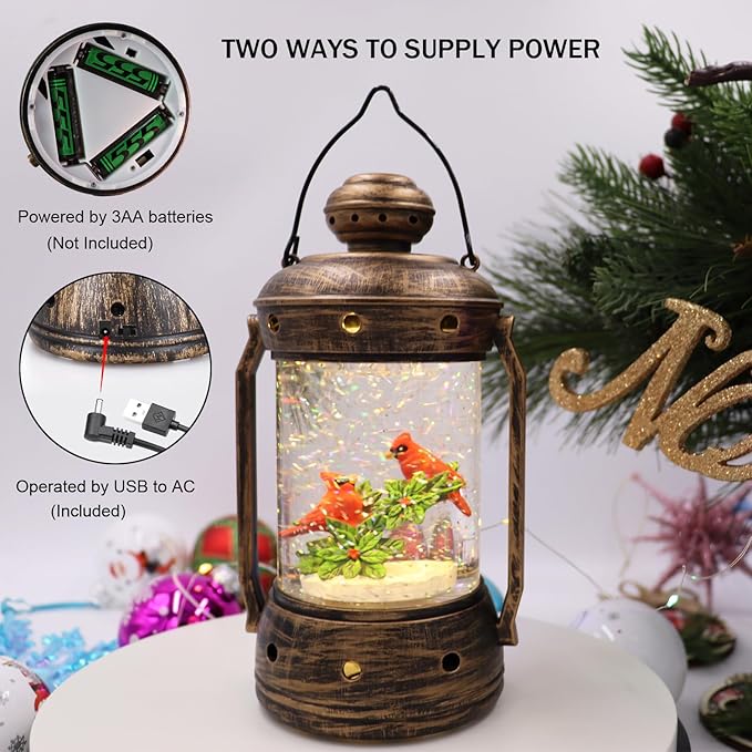 9 in Christmas Cardinal Snow Globe Lantern,Xmas Glittering Snowing Globe with Music,6 Hours Timer, USB Powered/Bateetry Operated Lighted Decoration Gift for Indoor Use
