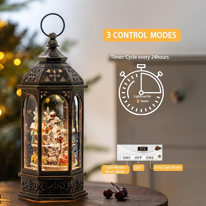 12.8'' Christmas Village Snow Globe Lantern, Santa Sleigh with Reindeer Will Rotate Around The Snowy Mountain Village with Musics Swirling Glitter Water Lantern for Home Decoration and Gift