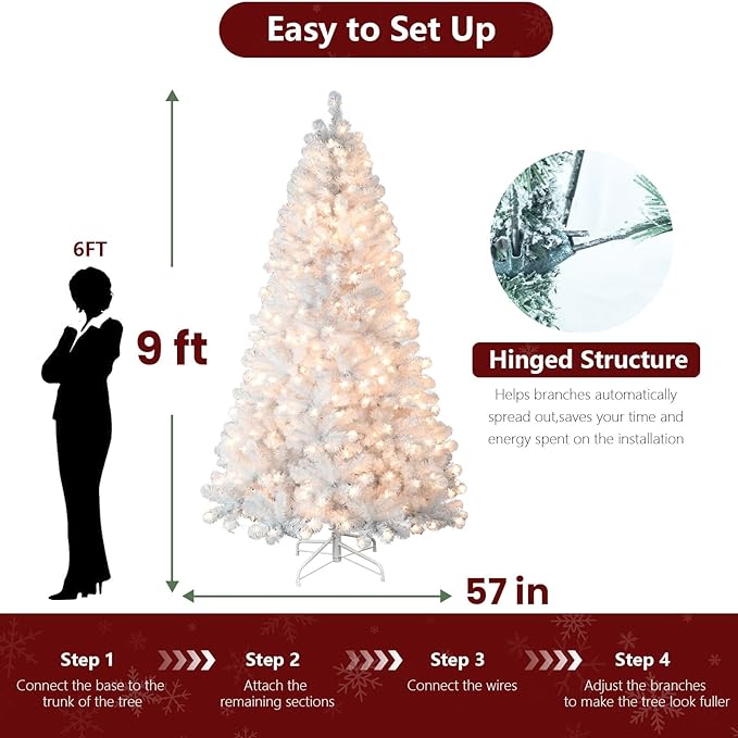 9ft Per-Lit White Christmas Tree, Artificial Christmas Tree with 650 Warm White Lights,1930 Branch Tips, Premium Full White Xmas Tree for Easy Holiday Setup, Foldable Metal Base