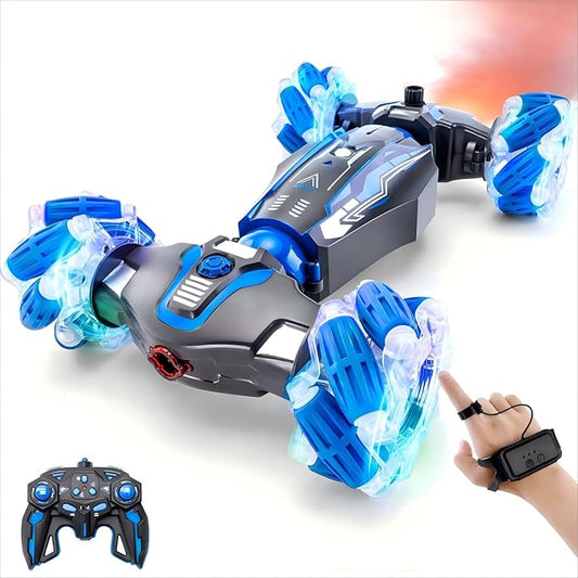 4WD Stunt Car, 2.4 GHz Gesture Sensor RC Cars, Double-Sided Vehicle 360° Flip RC Twist Buggy with Music Spray - Best Christmas and Birthday Present for Boys and Girls Aged 6-12 (Blue)