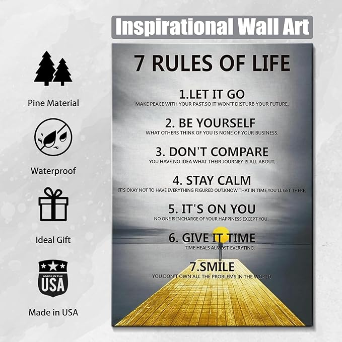 7 Rules of Life Motivational Wall Decor Inspirational Wall Art for Office & Home - Positive Quotes Canvas Prints Ready to Hang, Uplifting Wall Decor for Living Room, Bedroom or Office Wall Art