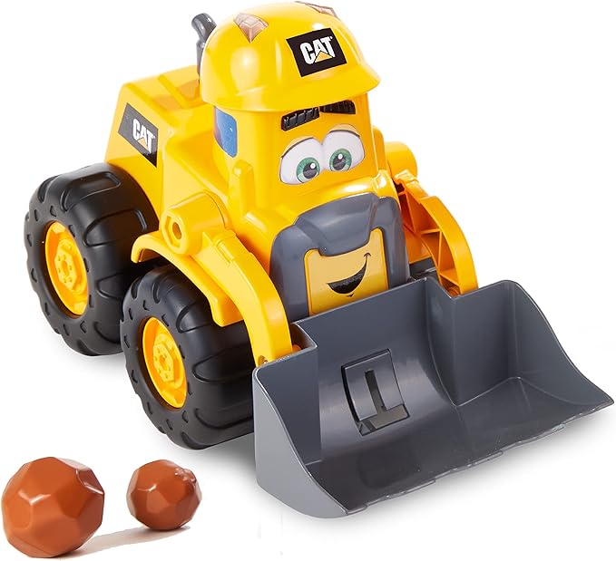 CAT Construction Toys, Front Loader Toy - Interactive Forward & Back Motion, Lights & Sounds, Animated Face - Batteries & Play Rocks Included - Ages 2+