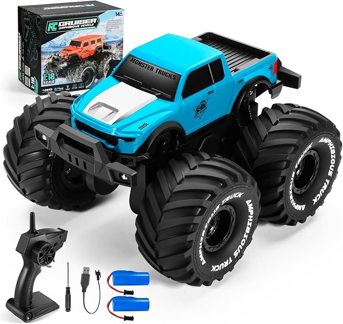 1:18 Scale Amphibious LED RC Car ，2.4GHz All 20 Km/h Off Road Terrain Remote Control Drift Truck, Waterproof Truck for 8+ Year Old Boys Girls Kids Gifts (Blue)