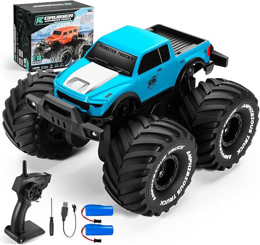 1:18 Scale Amphibious LED RC Car ，2.4GHz All 20 Km/h Off Road Terrain Remote Control Drift Truck, Waterproof Truck for 8+ Year Old Boys Girls Kids Gifts (Blue)