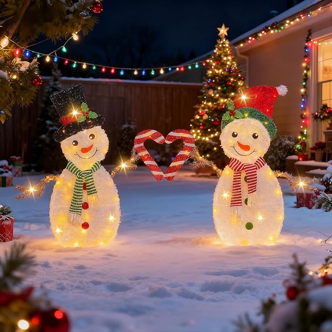 2D Lighted Snowman Christmas Decorations,42 Inch Lighted Up Christmas Outdoor Decoration with 80 Warm White LEDs, 3-Piece Set Xmas Festive Holiday Decor for Indoor Home Garden Patio Yard -Snowman
