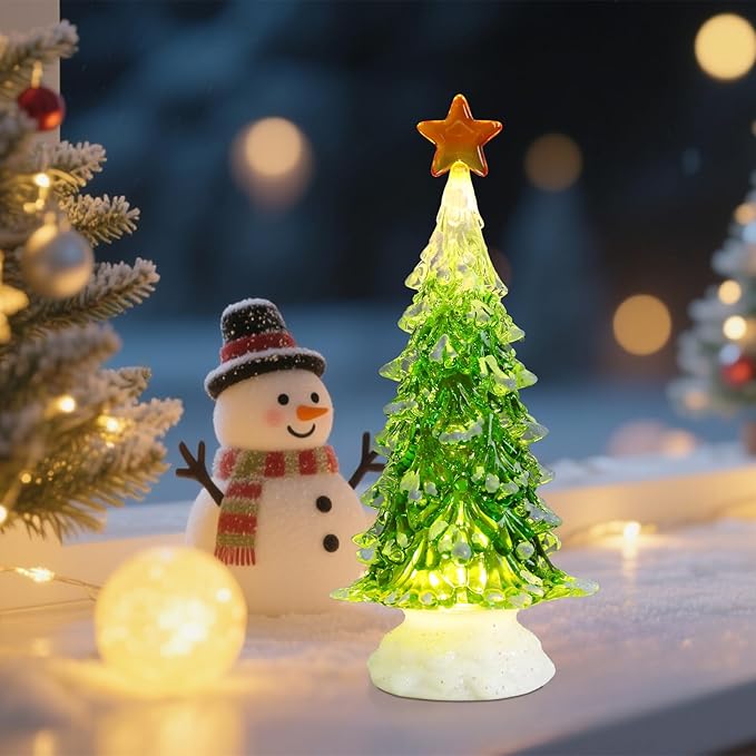 Acrylic Christmas Tree Table Decor, 12" Lighted up Christmas Tree Figurine, Battery Operated Home Decorations Gift for Indoor Holiday Party Mantel Fireplace Centerpiece Decor, Green