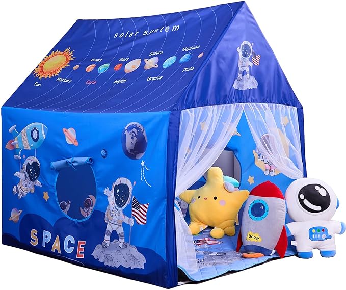 Space Rocket Ship Kids Tent with Mat, Star Lights for Boys & Girls Aged 3+ Toddler for Indoor Outdoor Playhouse Tent Set Sizes 47×46.8×38.1In,Washable