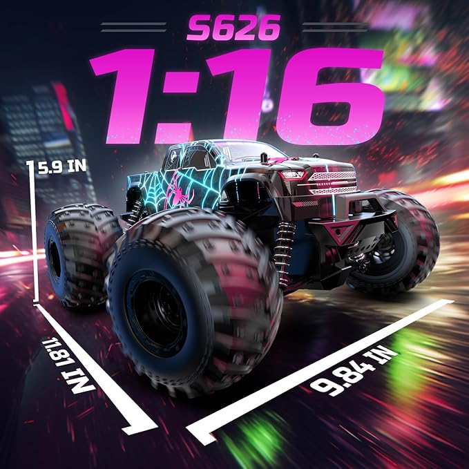 DEERC 1/16 Glowing Spider Remote Control Car - Fast RC Cars W/2 Rechargeable Batteries for 40 Min Play, All Terrain Off-Road Monster Truck Toys for Boys Kids Age 4-7 8-12 Birthday Xmas Gift