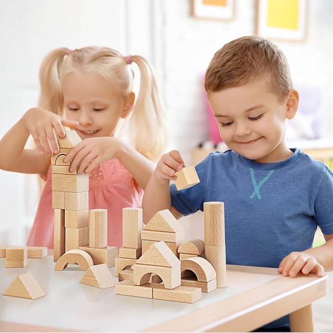 Natural Beech Wood Building Blocks for Toddlers 1-3, 100pcs Kids Wooden Blocks with Storage Bucket and Shape Sorter Lid, Preschool Learning Toys for Boys and Girls