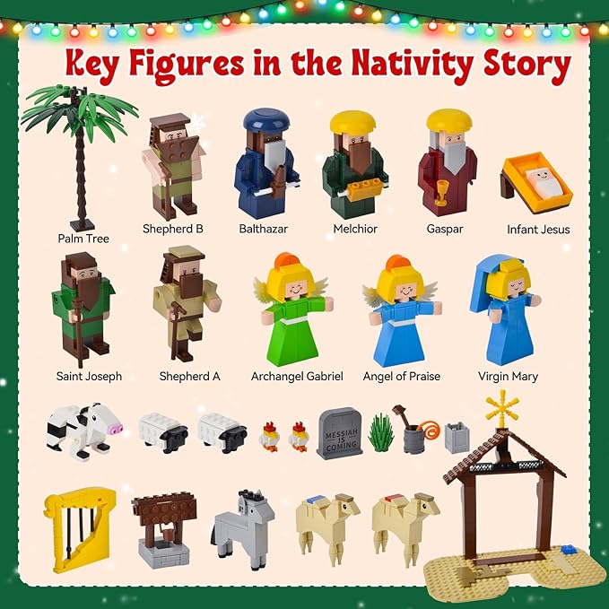 Nativity Advent Calendar 2025 Kids - 24 Days Christmas Countdown Nativity Scene Building Block Toys, STEM Xmas Gift for Boys & Girls Ages 6+, Holiday Party Favors and Stocking Stuffers