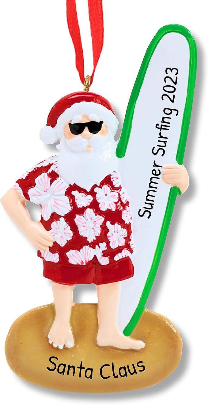 Ornaments by Elves - Personalized Surf Santa Christmas Ornaments - Beach Santa Decorations - Paddle Board Surfer Hawaiian Beachy Christmas Decor and Surfer Enthusiasts - Giftable Packaging