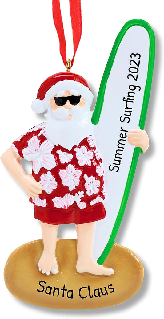 Ornaments by Elves - Personalized Surf Santa Christmas Ornaments - Beach Santa Decorations - Paddle Board Surfer Hawaiian Beachy Christmas Decor and Surfer Enthusiasts - Giftable Packaging