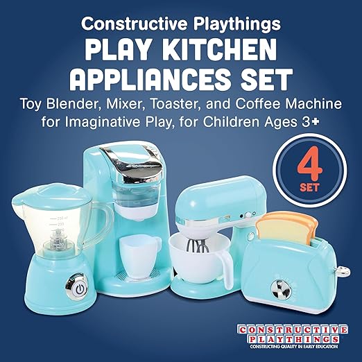 Constructive Playthings My Play Kitchen Appliances Set, Toy Blender, Mixer, Toaster, and Coffee Machine for Imaginative Play, Learning Toy for Ages 3+