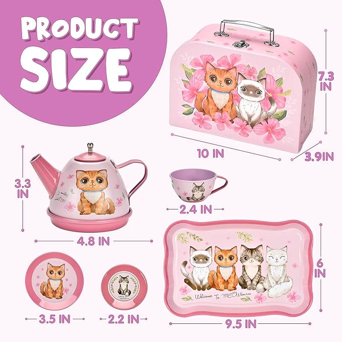 Cat Tea Party Set for Little Girls - Pretend Play Toy, Birthday Gift for Toddlers Ages 3 4 5 6 Year Old, Includes Kitten Tin Tea Set, Desserts, and Carrying Case, Cat Design