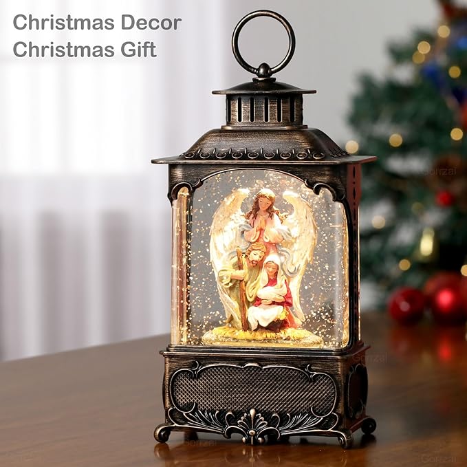 Nativity Snow Globe Angel Christmas Snow Globe Lantern, Lighted Musical Christmas Decorations Indoor for Home with Music 6H Timer Swirling Glitter, Jesus, USB or Battery Operated