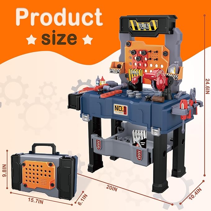 PIXATA Kids Tool Bench, Realistic and Electric Drill, Transformable Tool Set, Toddler Bench Pretend Play Learning Gift for Boys & Girls